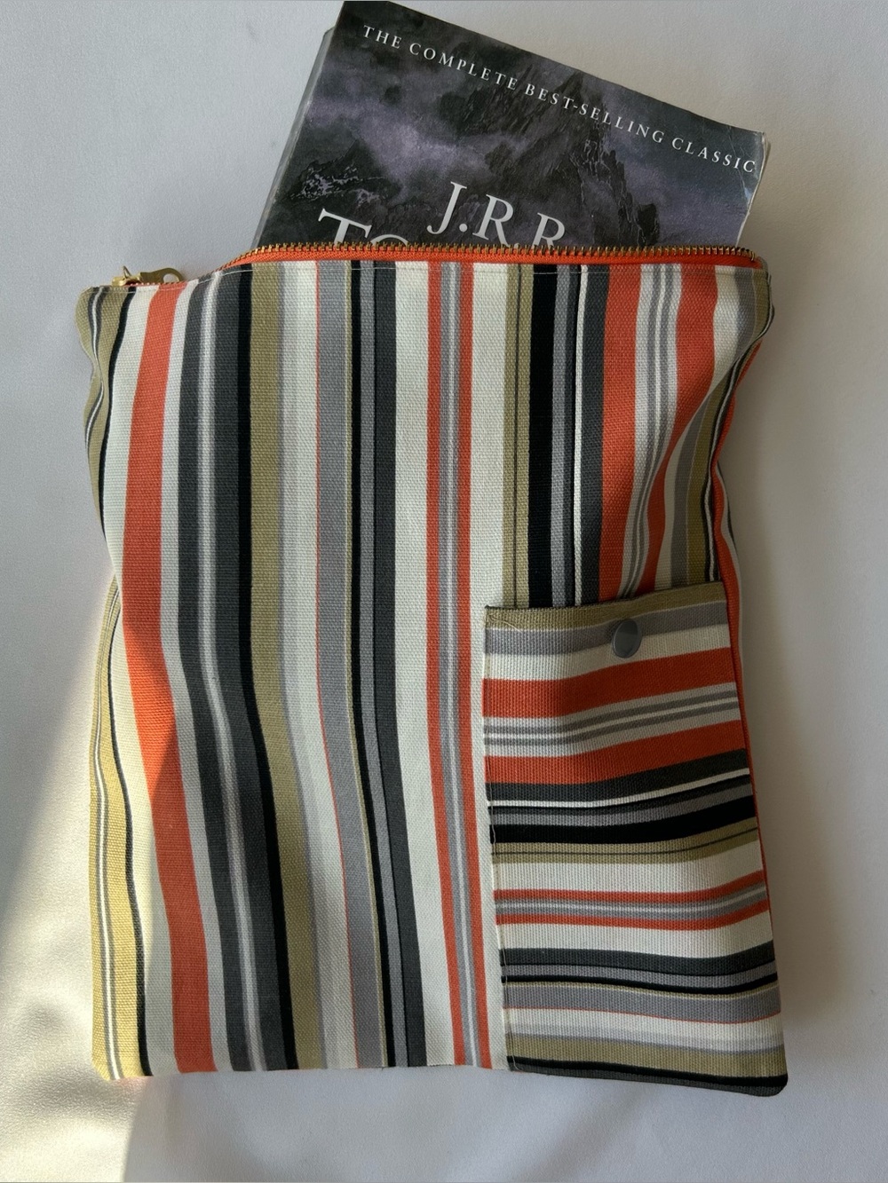 Striped Canvas Zipper Book Sleeve in Coral, Black & Cream